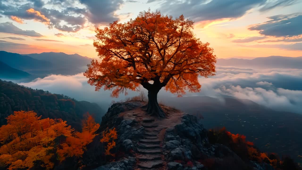 A lone tree on top of a mountain with stairs leading up to it | Premium ...