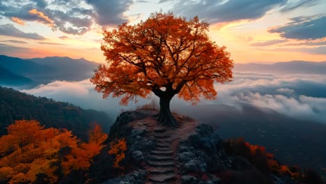 a lone tree on top of a mountain with stairs leading up to it