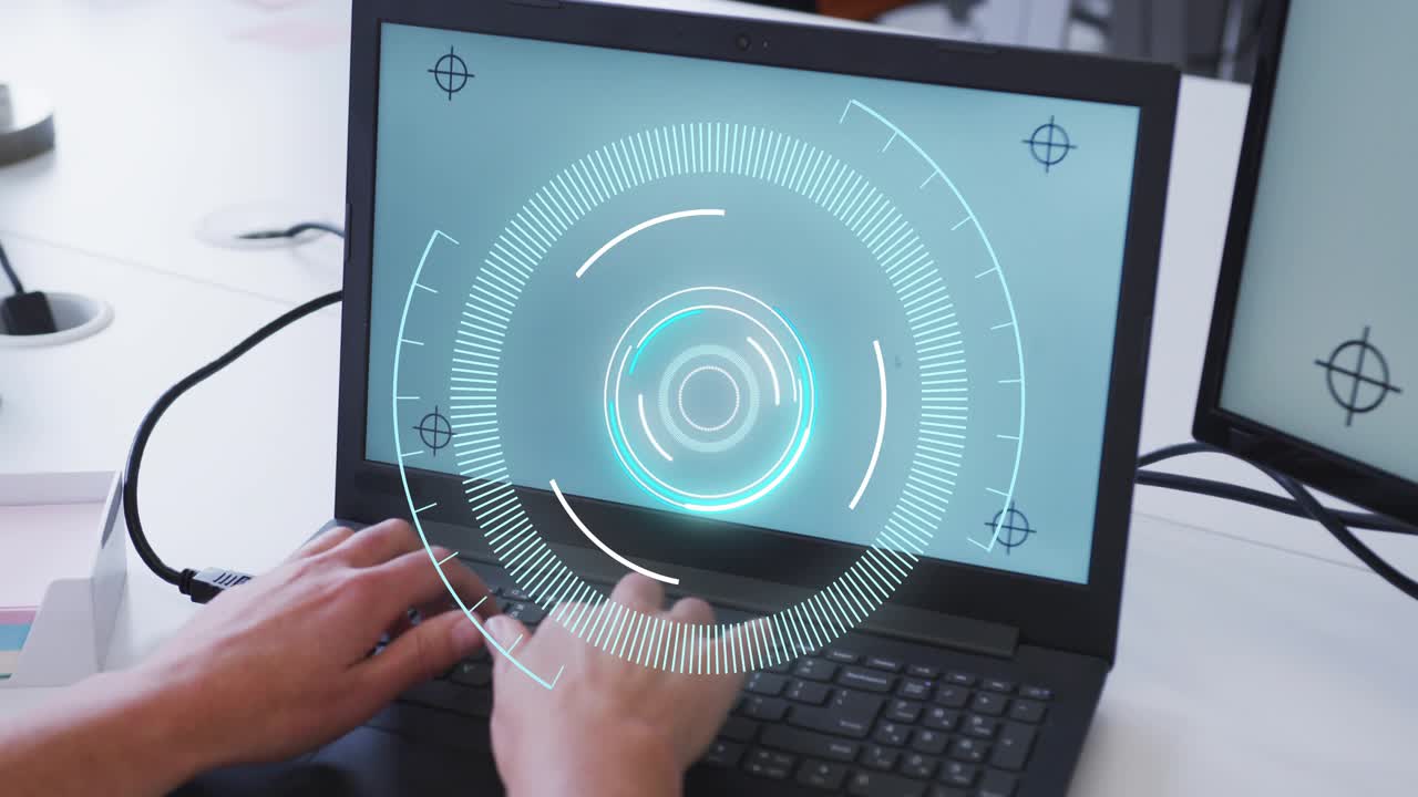 Right hand entering and tapping keyboard, man typing on laptop for technology demo, HUD brightening
