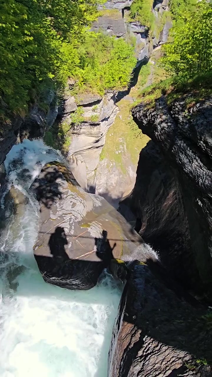Cascate di Reichenbach in Svizzera in primavera, con potenti cascate, paesaggio montano, panorami boschivi e uno splendido paesaggio alpino. Bellezza naturale, natura verde e fresca, destinazione famosa.