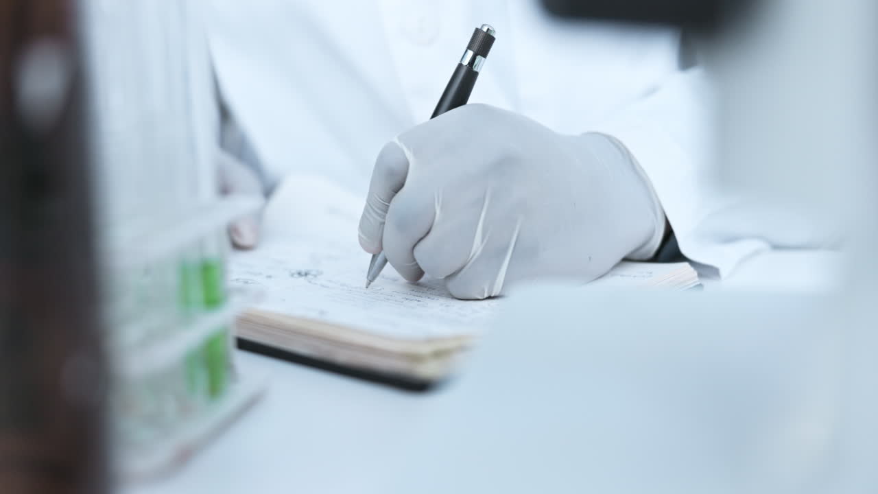 ciencia, persona y manos escribiendo notas