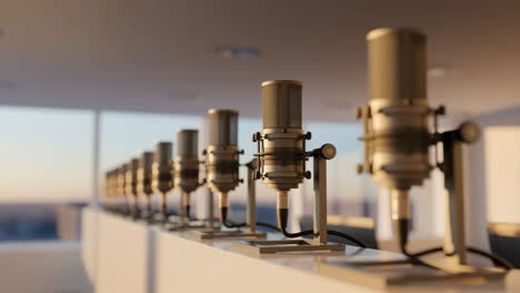 professional microphones in a modern conference room at sunset