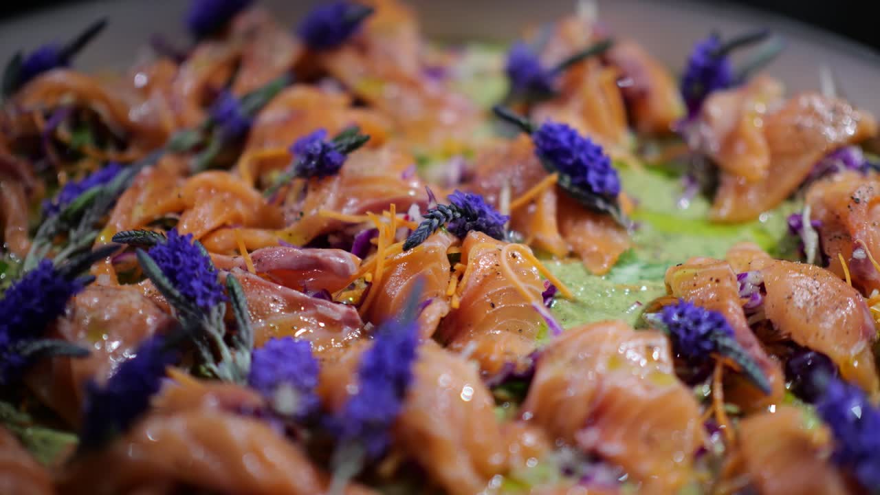 A vibrant delicious salmon salad with fresh ingredients. Close-up