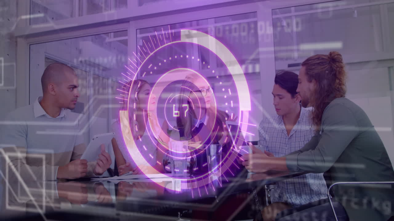 Business meeting with digital data processing animation over diverse group in office