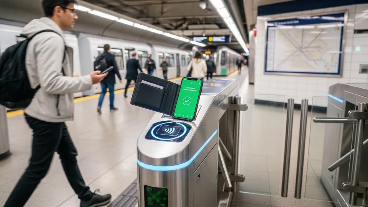 A Bystander Utilizes Contactless Payment at a Modern Subway Turnstile, Highlighting Efficient Urban Transportation in Action
