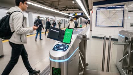 a bystander utilizes contactless payment at a modern subway turnstile, highlighting efficient urban transportation in action