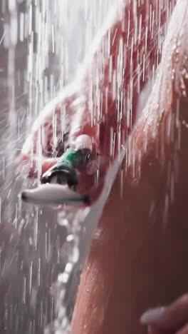 woman washes razor standing in shower flow closeup. attractive naked lady with smooth skin cleans blade after shaving in bathroom. body washing