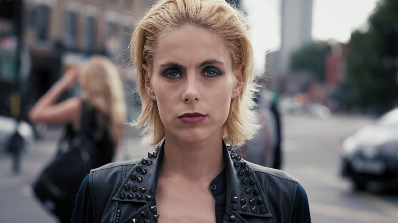Slow Motion Portrait of happy beautiful caucasian punk woman
