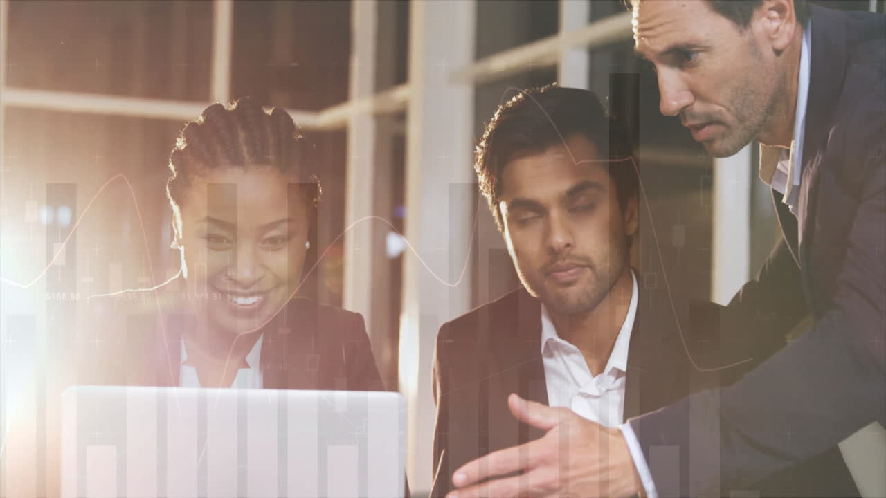 Animation of financial data processing over diverse male and female colleagues using laptop