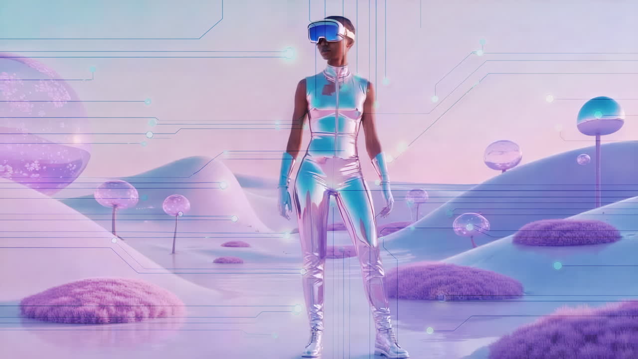A person in a futuristic suit wearing VR goggles in a surreal digital landscape