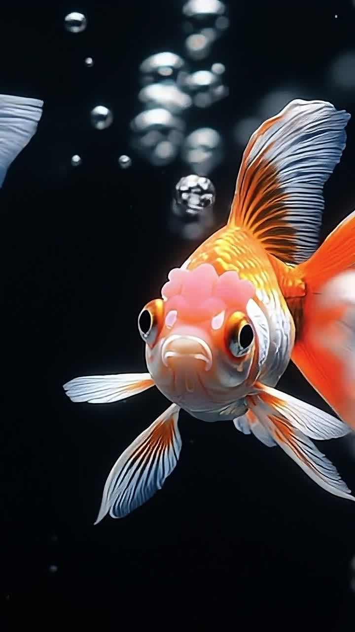 Colorful goldfish swimming in bubbles. Two vibrant goldfish glide gracefully through a dark aquarium filled with tiny bubbles.
