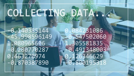 animation of data processing and white frame over biracial colleagues discussing work in office