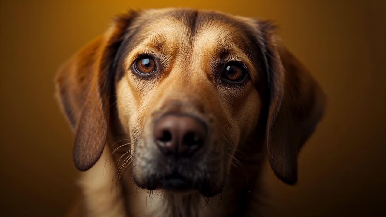 Reacting to off-camera sound, adult crossbreed dog turning head and blinking in studio, eyes lit
