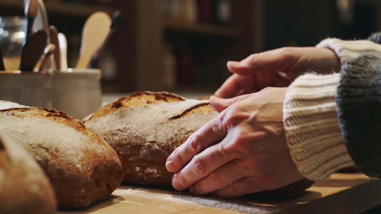 Entering frame, hands pressing and sliding three loaves on floured counter for transfer, knit cuff