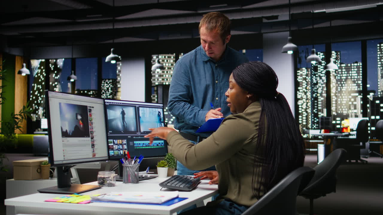 Diverse team of specialists collaborating on a film montage project