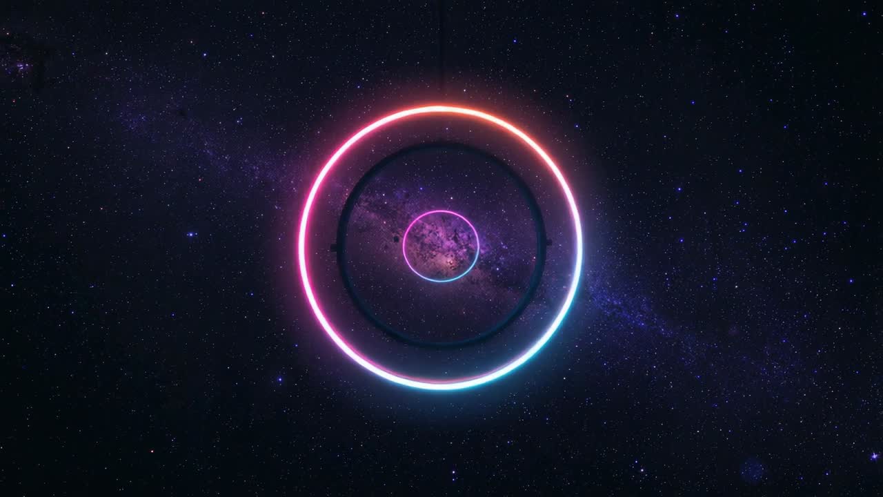 Appearing neon-red arc forming three neon rings rotating pulsing against star field for cosmic art
