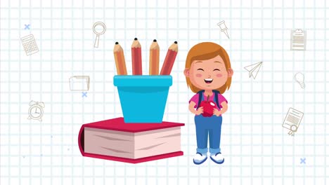 pequeño personaje de animación escolar con libro y lápices