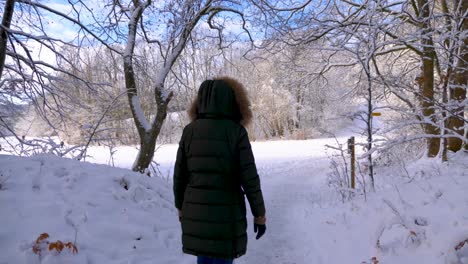 Young-stylish-woman-wearing-winter-gear-strolling-through-winter-wonderland-forest-with-snow-covered-firewood-during-winter-in-Bavaria,-Germany