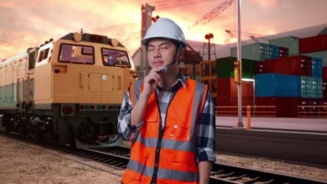 asian male engineer with safety helmet thinking about something and looking around while standing with freight cargo train at port