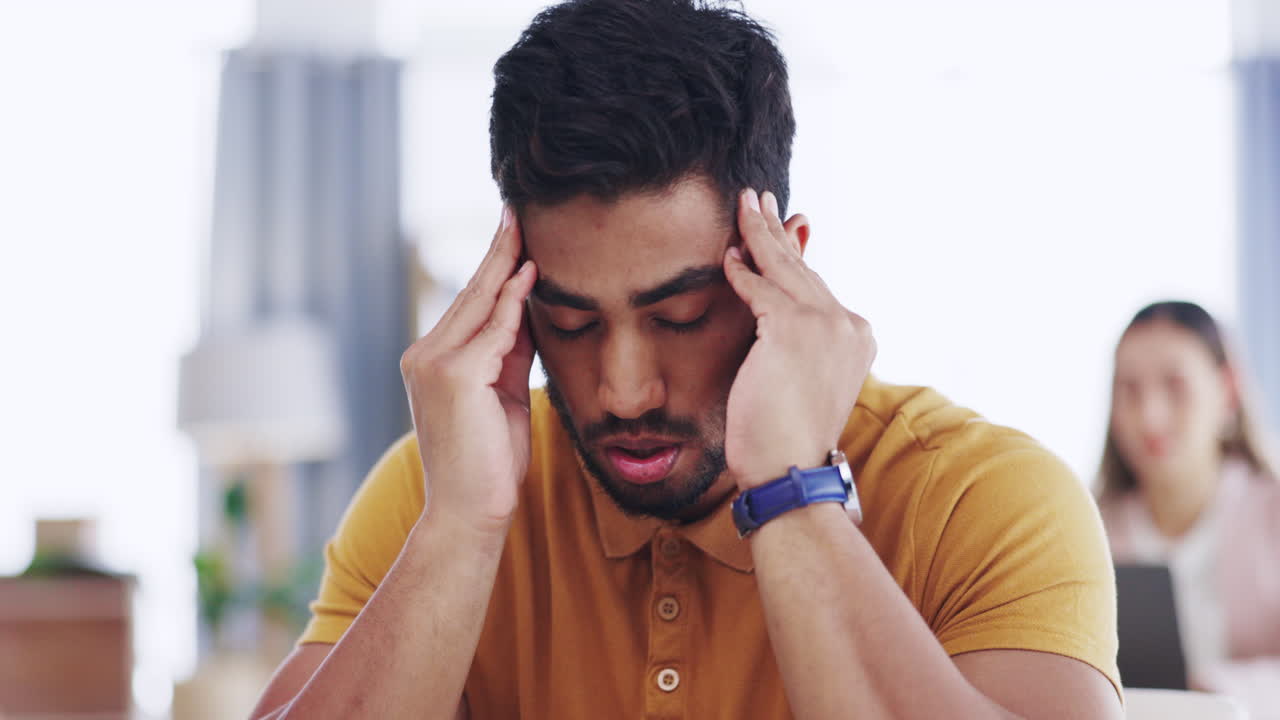Stress, sick and business man with headache