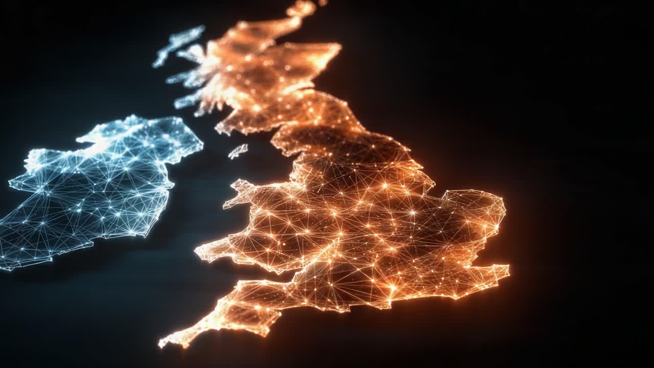 Una splendida rappresentazione digitale del Regno Unito, che mette in mostra la connettività illuminata tra le isole con incredibili giochi di luce e reti dinamiche