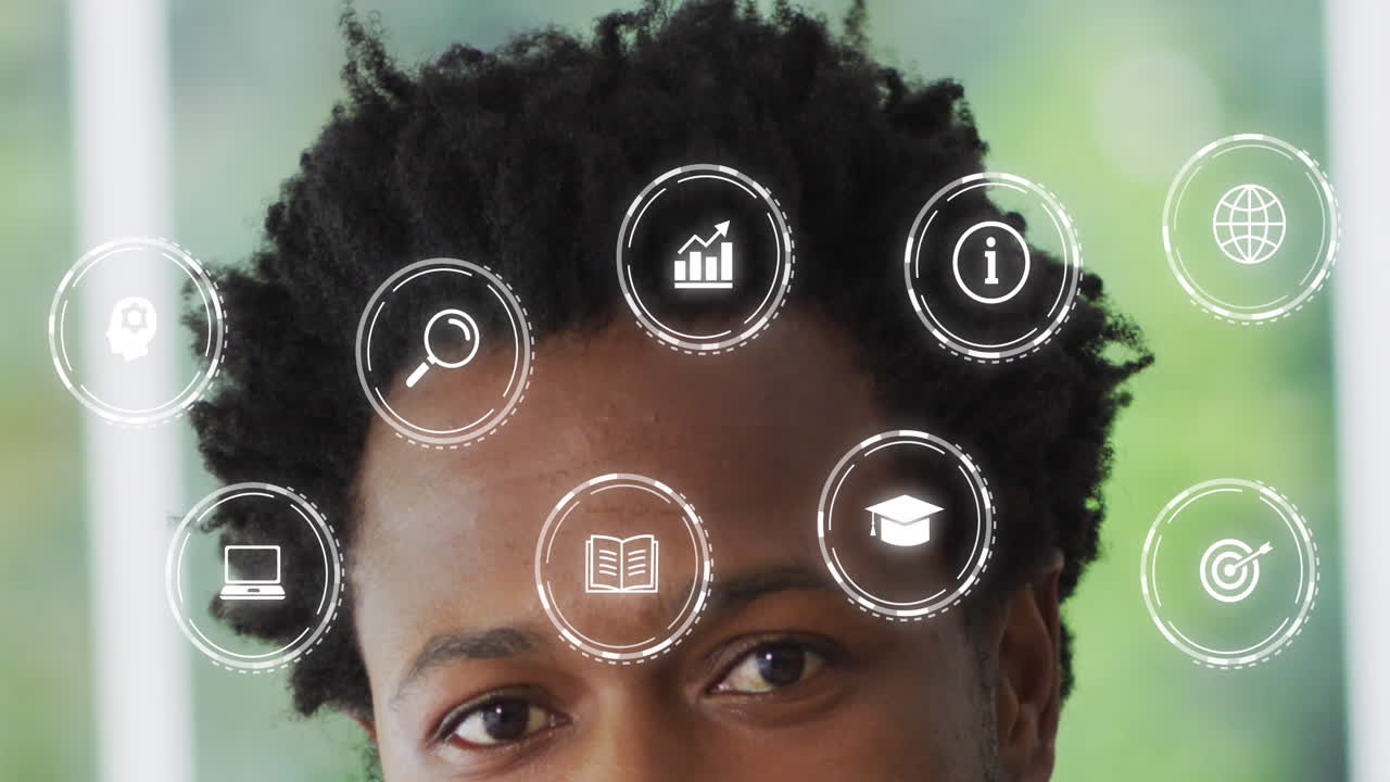 Animation of icons over portrait of african american man looking at camera