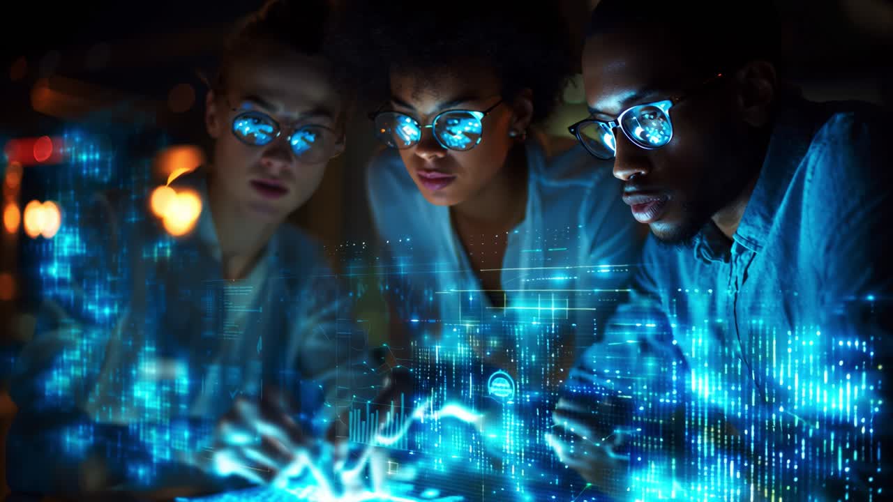 A group of individuals engages intently with illuminated technology projections, analyzing data patterns while they wear stylish glasses, emphasizing focus and collaboration in a digital setting