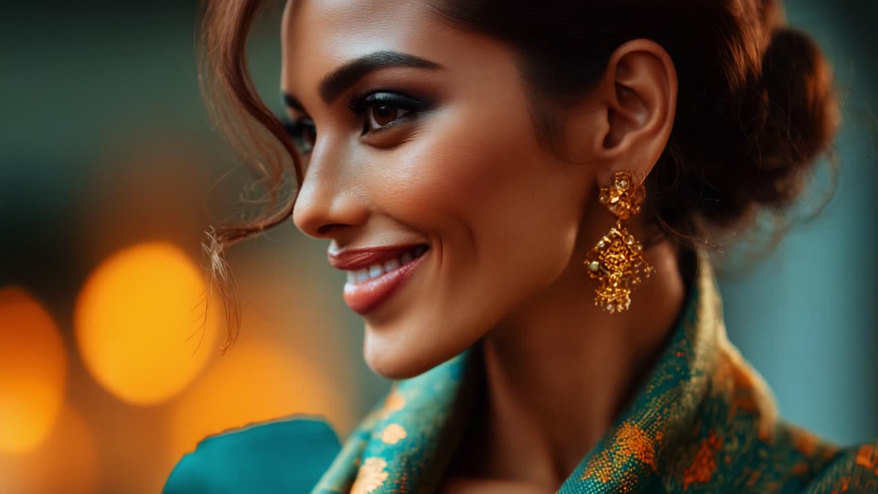 A Dazzling Portrait of Elegance: Captivating Smile, Traditional Attire, and Intricate Jewelry Illuminate the Beauty of Culture and Grace in a Mesmerizing Setting