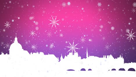 Animation-Von-Weißen-Weihnachtsschneeflocken,-Die-über-Den-Rosa-Himmel-Und-Die-Weiße-Stadtlandschaft-Fallen