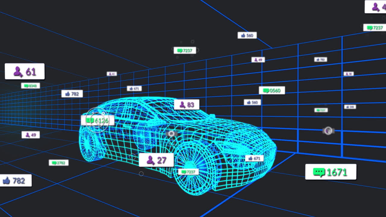 Animation of digital car model with data analytics and social media icons surrounding