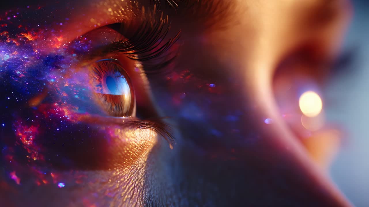 Astonishing Cosmic Vision: Capturing the Mysterious Universe Reflected in Eyes, Showcasing the Cosmic Beauty with Colorful Galaxies and Stars Illuminating a Thoughtful Expression