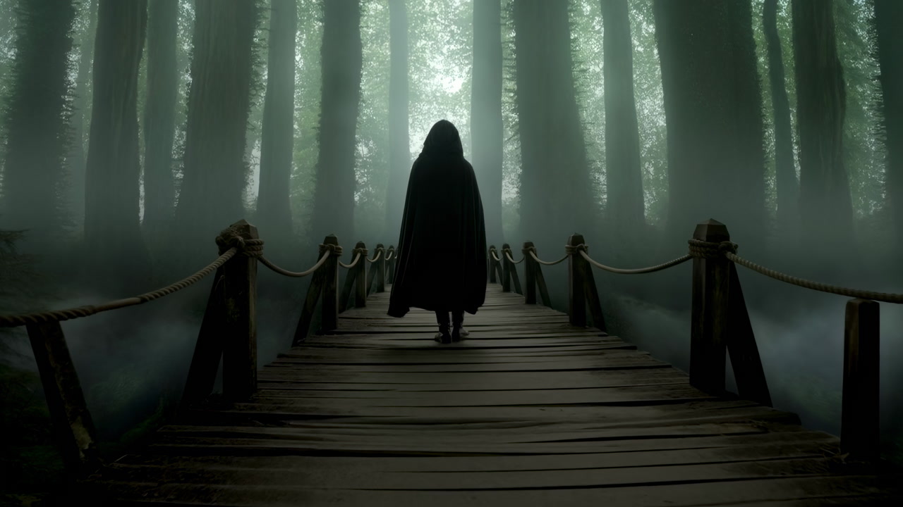 Hooded Figure On Misty Bridge, Fog Threading Between Tall Trees, Wooden Planks Creaking Under Cloak, Rope