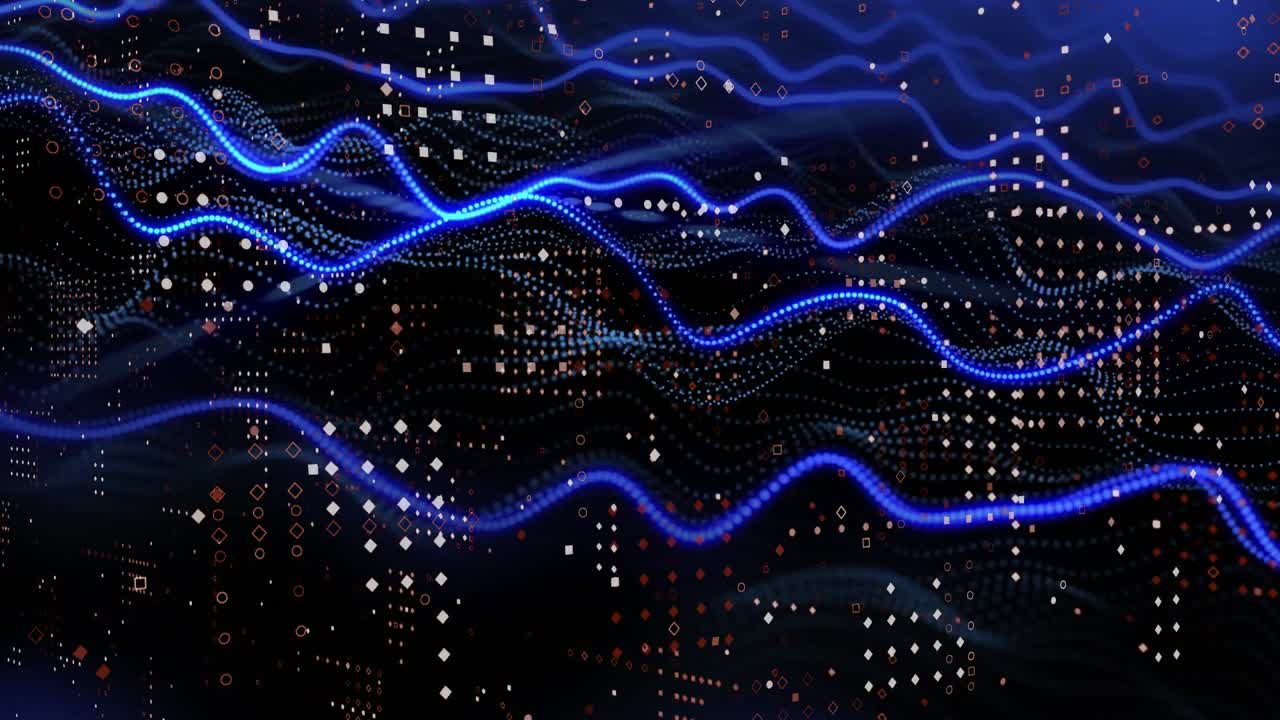 Vertical video: Playback advancing, blue ribbons pulsing over dotted grid, visualizing tech data