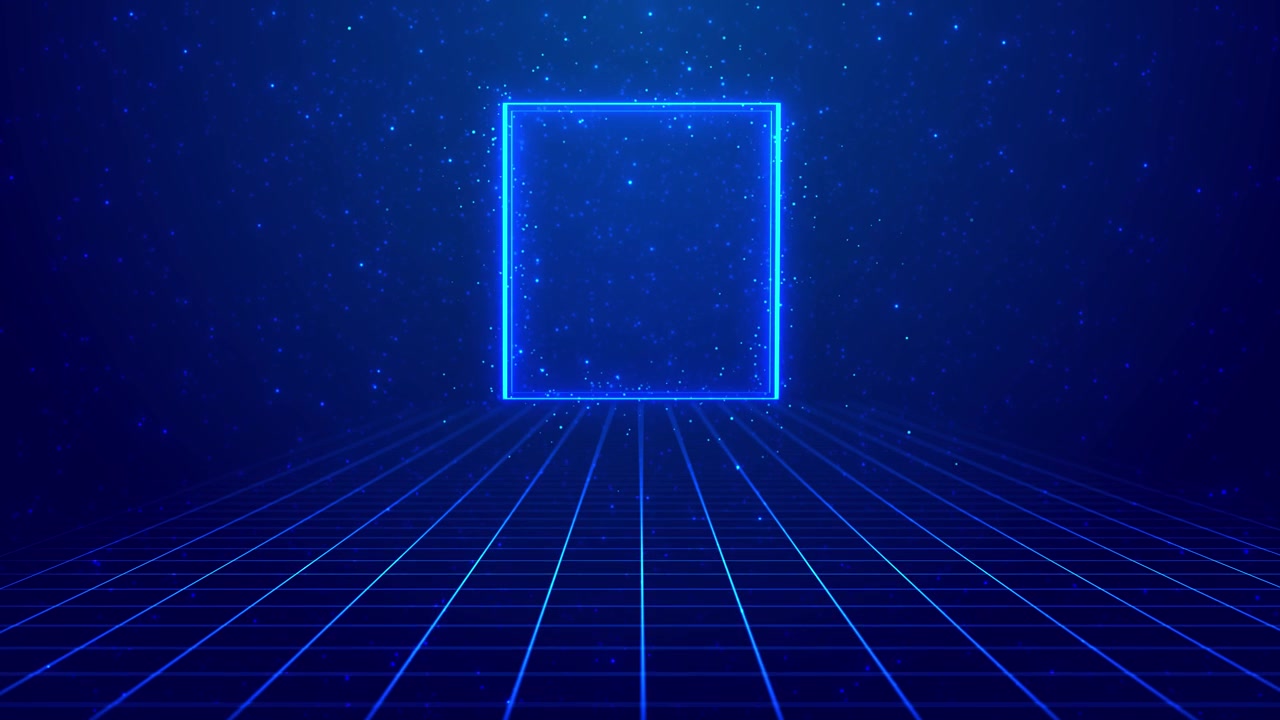 Scena di griglia di un gateway virtuale ciano con cornice quadrata luminosa, particelle a stella e pavimento blu luminoso.