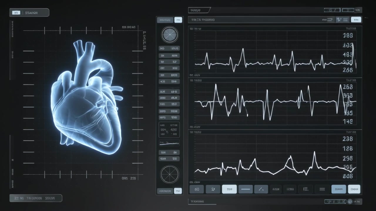 Cuore 3D rotante che pulsa all'avvio su una console ospedaliera, con pannelli ECG che si aggiornano, spazio per il testo.