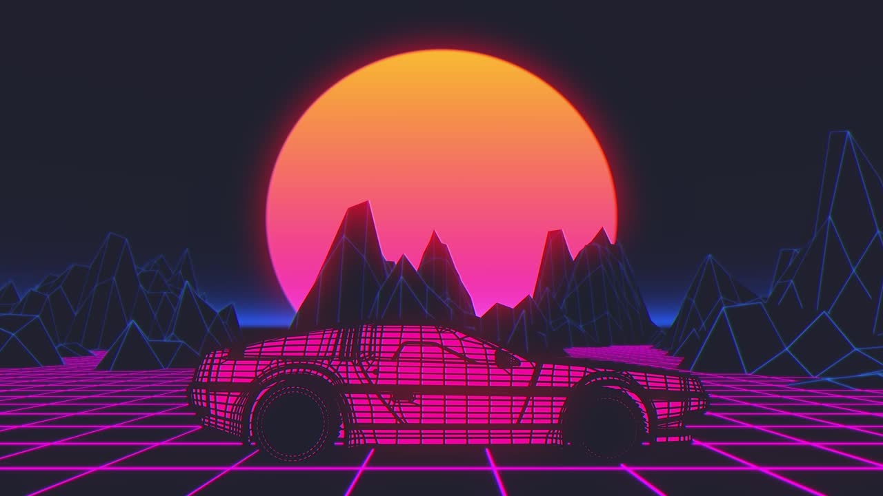 레트로-푸투리스틱 80년대 스타일의 공상과학 자동차 배경, 원활한 루프 3d 비디오 애니메이션