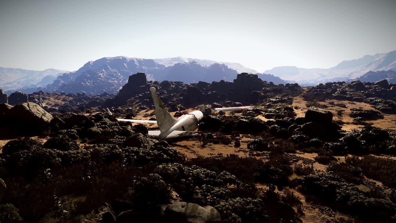 avión abandonado en un paisaje desértico rocoso