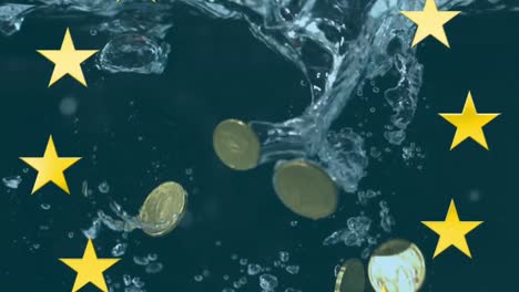 yellow stars spinning against coins falling into water