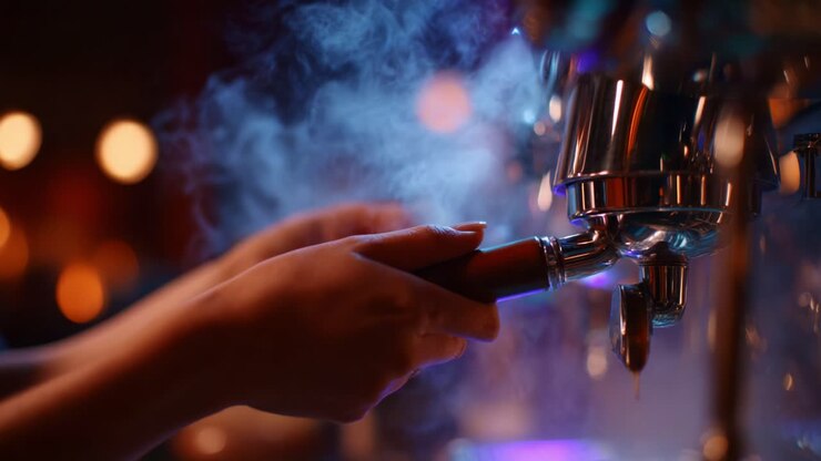 Preparazione elegante del caffè: catturare l'arte dell'estrazione dell'espresso con fumo e precisione in un elegante ambiente da bar