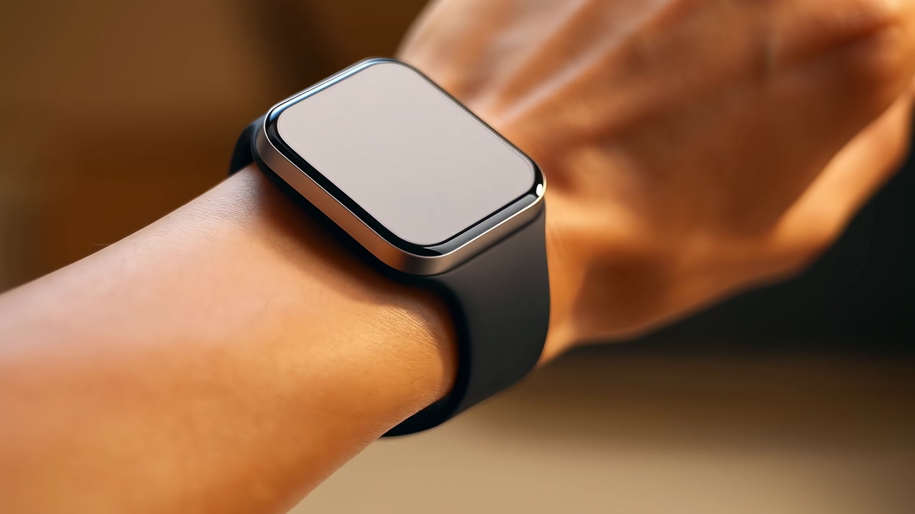 Closeup Wrist Wearing Black Smartwatch, Commuter Checking Screen, Empty Display For Branding Mockup, Matte