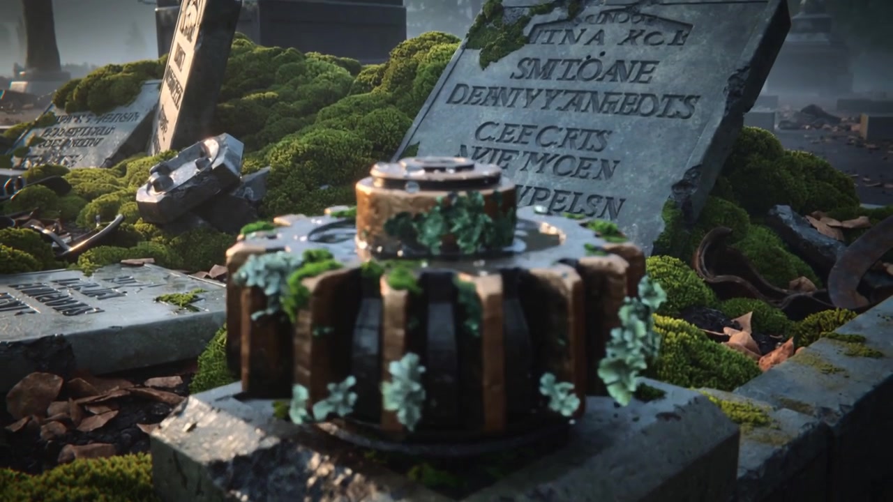 Telecamera che si allontana rivelando un ingranaggio arrugginito che ruota su una pietra in un cimitero, mostrando la natura che si riappropria.