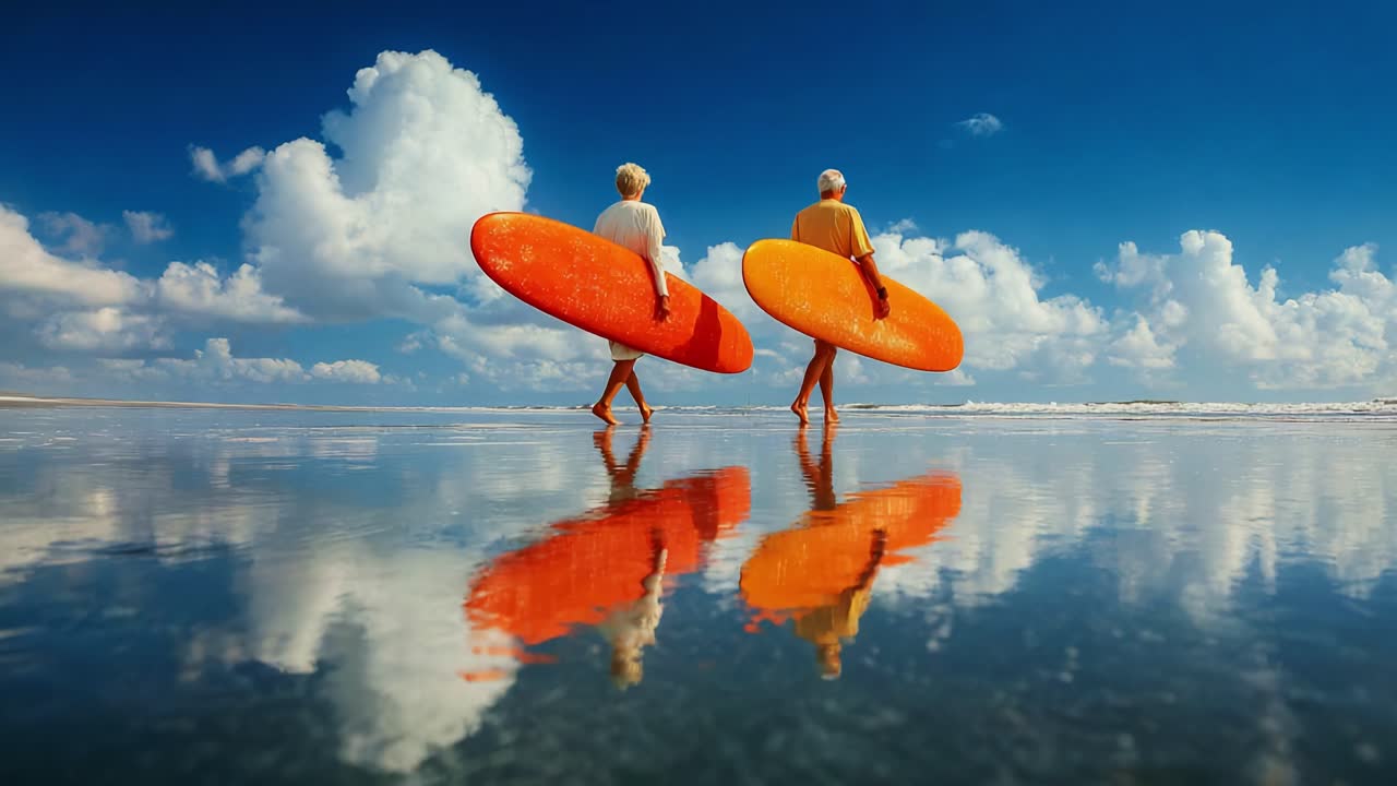 Two surfers walk together along a tranquil beach, their colorful surfboards glinting in the sunlight as they reflect on the calm surface of the water under a beautiful sky