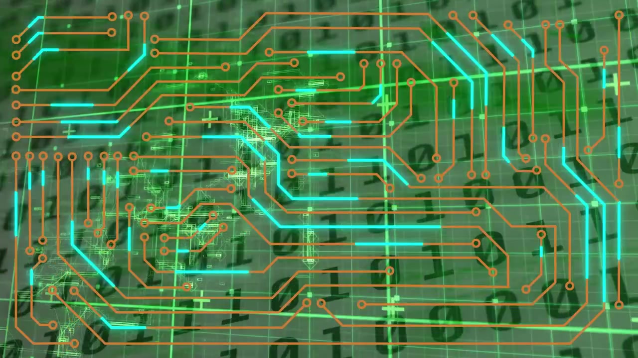 Electronic Circuit Board Drawing and Data Flow on Green Binary Background