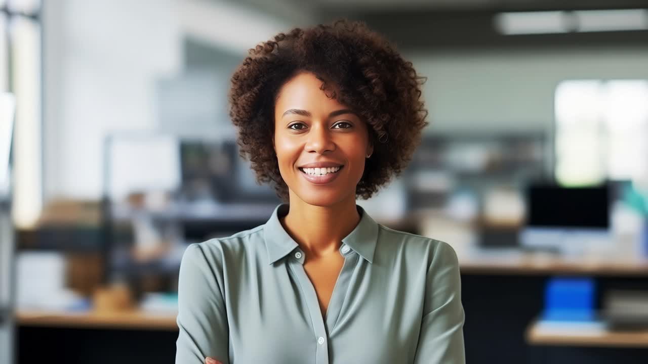 Portrait of a smiling african american businesswoman standing with arms crossed in a modern office, representing confidence, professionalism, and success in the corporate world