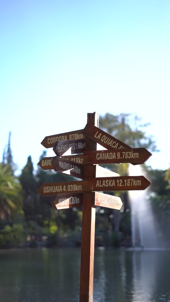 A wooden sign with a compass pointing to different directions. The sign is located near a body of water