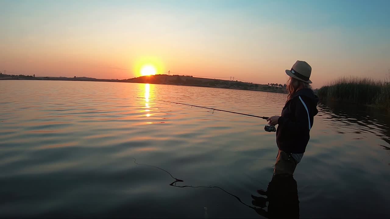 вид красивой девушки на рыбалке с красивым закатом на заднем плане в южной африке