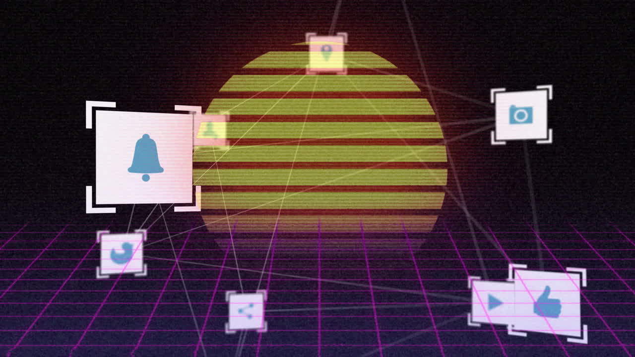 animación de iconos conectados sobre el sol en el patrón de cuadrícula contra fondo negro