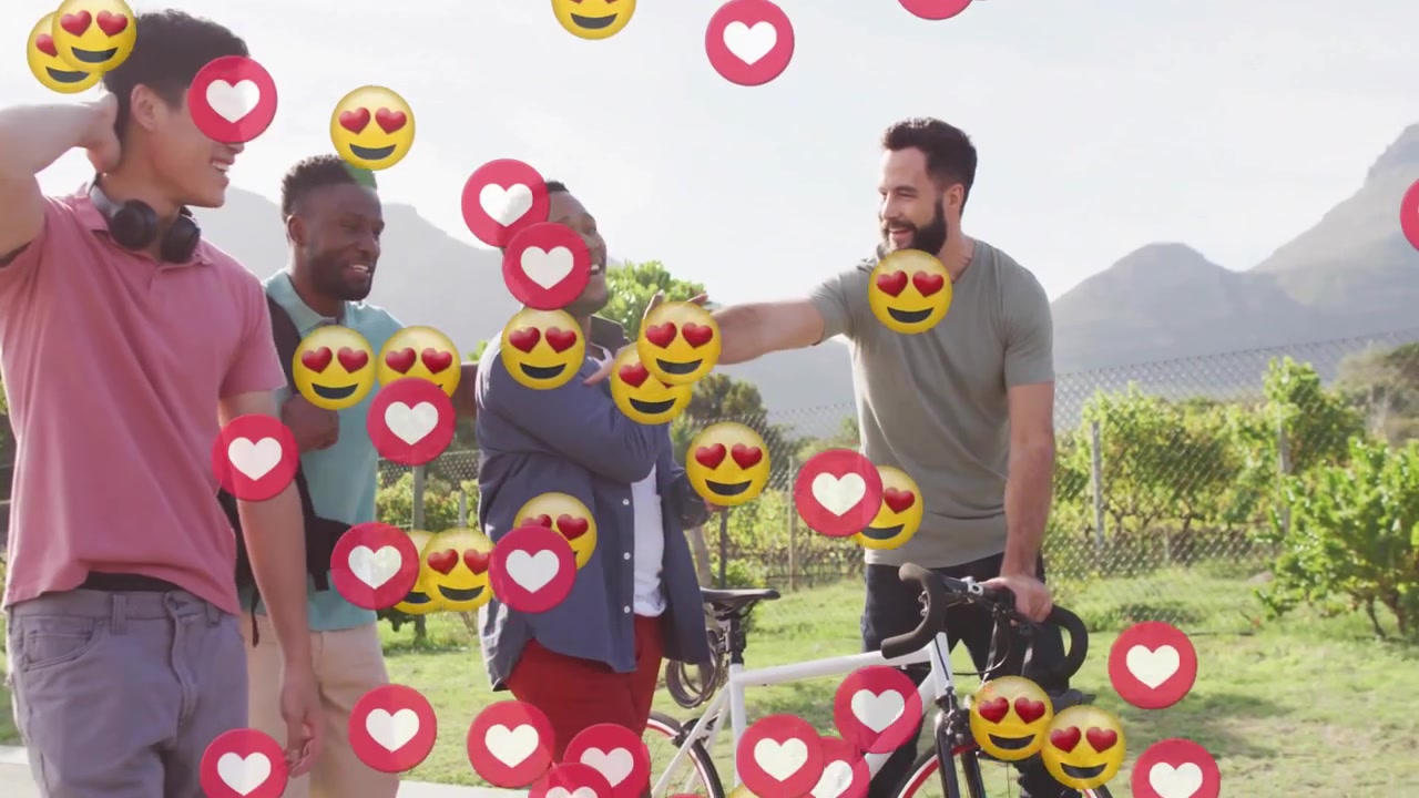 Groupe d'amis diversifié socialisant en extérieur avec des cœurs de réseaux sociaux animés