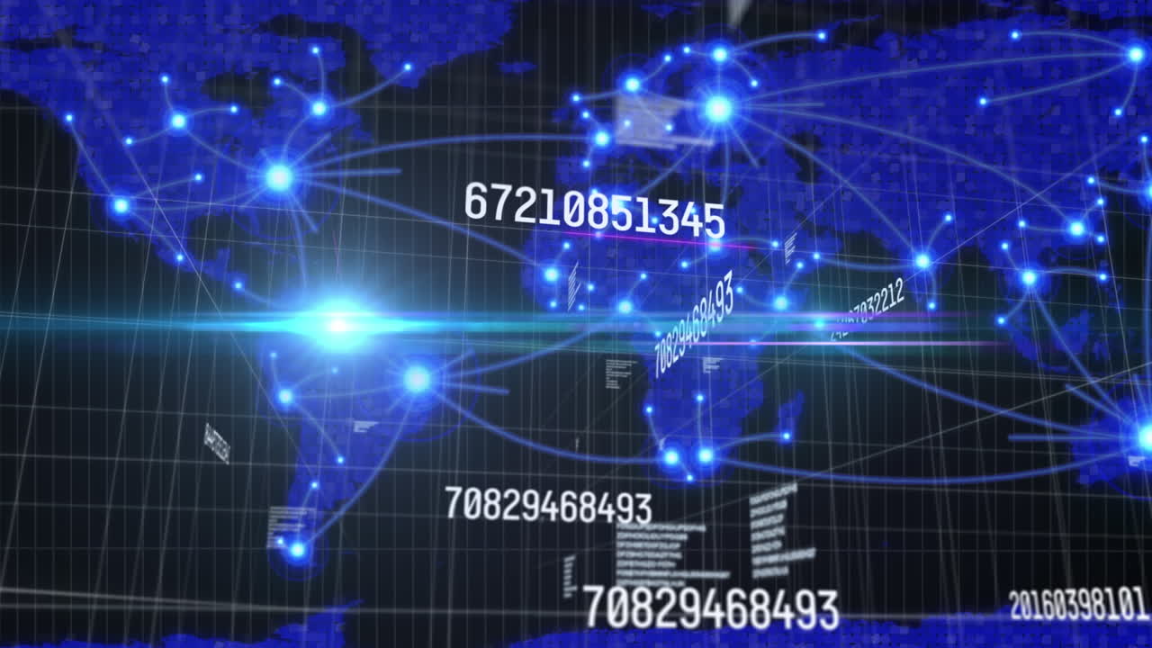 암호학으로 디지털 지도에서 선으로 연결된 조명된 점들의 애니메이션