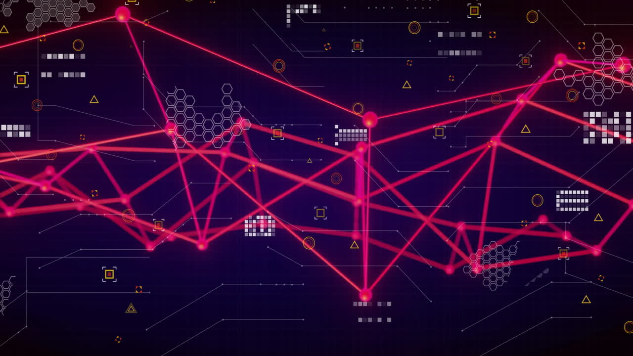 Red network connections and data processing animation over dark digital background